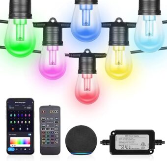 2023 Upgraded Outdoor String Lights, DIY Color Changing RGB Bright Smart Light 50ft Work with Alexa & Remote for Party, IP65 Waterproof Outside Patio String Light with 15 Dimmer...