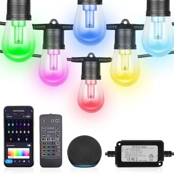 2023 Upgraded Outdoor String Lights, DIY Color Changing RGB Bright Smart Light 50ft Work with Alexa & Remote for Party, IP65 Waterproof Outside Patio String Light with 15 Dimmer...