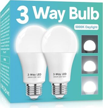 3 Way LED Light Bulbs 50 100 150W Equivalent, Daylight White 5000K 3 Way Light Bulbs, A19 Three Way Light Bulbs,E26 Base 3-Way Light Bulbs for Reading,Living Room-2 Pack