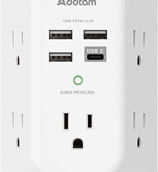 Addtam USB Wall Charger Surge Protector 5 Outlet Extender with 4 USB Charging Ports (1 USB C Outlet) 3 Sided 1800J Power Strip Multi Plug Outlets Wall Adapter Spaced for Home...