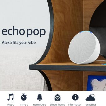 Amazon Echo Pop | Alexa fits in anywhere: bedroom, living room, bathroom, office, and small spaces | Glacier White