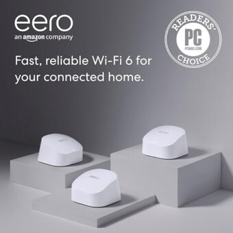 Amazon eero 6 mesh Wi-Fi system | Supports speeds up to 500 mbps | Connect to Alexa | Coverage up to 4,500 sq. ft. | 3-pack, one router + two extenders, 2020 release