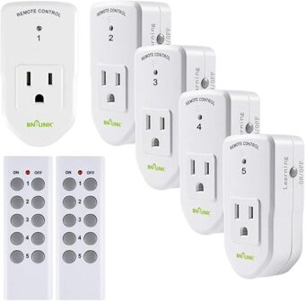 BN-LINK Wireless Remote Control Electrical Outlet Switch for Lights, Fans, Christmas Lights, Small Appliance, Long Range White (Learning Code, 5Rx-2Tx) 1200W/10A