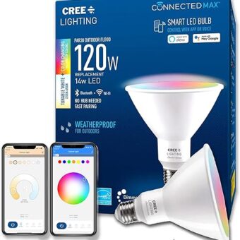 Cree Lighting Connected Max Smart Led Bulb Par38 Outdoor Flood Tunable White + Color Changing, 2.4 Ghz, Works with Alexa and Google Home, No Hub Required, Bluetooth + Wifi, 1Pk