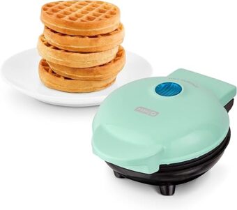 DASH Mini Waffle Maker - 4” Waffle Mold, Nonstick Waffle Iron with Quick Heat-Up, PTFE Nonstick Surface - Perfect Mini Waffle Maker for Kids and Families, Just Add Batter (Aqua)