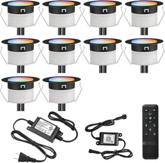 FVTLED LED Deck Lights Kit, 10pcs Φ1.22 WiFi Smart Phone Control Low Voltage Recessed RGBW Deck Lighting Waterproof Outdoor Yard Path Stair Decor, Black