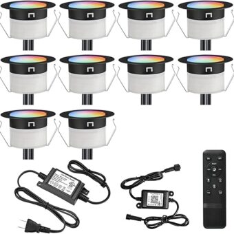 FVTLED LED Deck Lights Kit, 10pcs Φ1.22 WiFi Smart Phone Control Low Voltage Recessed RGBW Deck Lighting Waterproof Outdoor Yard Path Stair Decor, Black