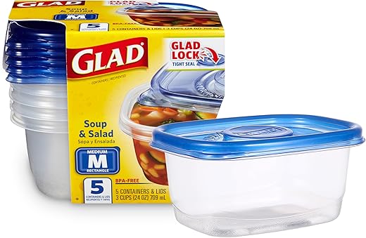 GladWare Soup & Salad Food Storage Containers for Everyday Use | Medium Rectangle Containers for Food Storage | Containers Hold up to 24 Ounces of Food, 5 Count Set