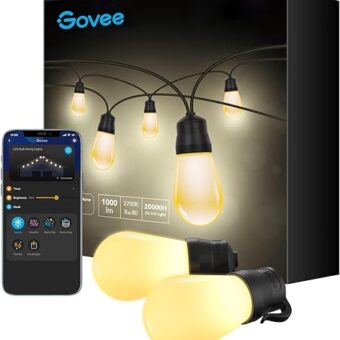 Govee Outdoor String Lights, 48ft Smart Outdoor String Lights with 15 Dimmable Warm White LED Bulbs, IP65 Waterproof Shatterproof Patio Lights for Party, APP Control, 70lm per Bulb