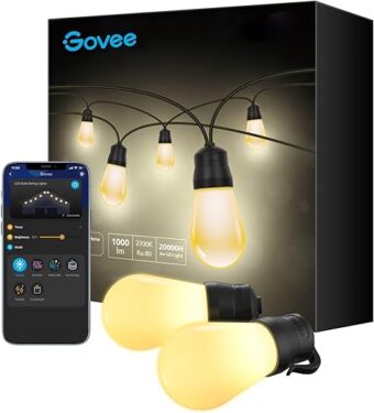 Govee Outdoor String Lights, 48ft Smart Outdoor String Lights with 15 Dimmable Warm White LED Bulbs, IP65 Waterproof Shatterproof Patio Lights for Party, APP Control, 70lm per Bulb