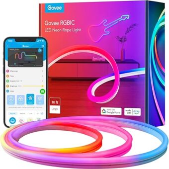 Govee RGBIC Neon Rope Light, 10ft LED Strip Lights, Music Sync, DIY Design, Works with Alexa, Google Assistant, Neon Lights for Gaming Room Living Bedroom Wall Decor (Not...