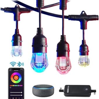 HVS Smart Outdoor String Lights LED 36Ft Color Changing RGBW Patio String Lights Infinite Connectable APP Control 2.4GHz WiFi Waterproof 18 Acrylic Work with Alexa Google for...