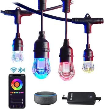 HVS Smart Outdoor String Lights LED 36Ft Color Changing RGBW Patio String Lights Infinite Connectable APP Control 2.4GHz WiFi Waterproof 18 Acrylic Work with Alexa Google for...