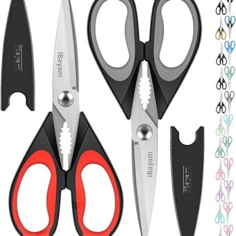 iBayam Kitchen Scissors All Purpose Heavy Duty Meat Poultry Shears, Dishwasher Safe Food Cooking Scissors Stainless Steel Utility Scissors, 2-Pack (Black Red, Black Gray)