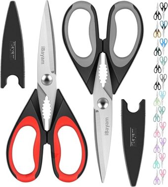 iBayam Kitchen Scissors All Purpose Heavy Duty Meat Poultry Shears, Dishwasher Safe Food Cooking Scissors Stainless Steel Utility Scissors, 2-Pack (Black Red, Black Gray)