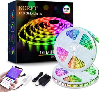 KORJO Dream Color LED Strip Lights, 32.8ft/10M Bluetooth LED Chasing Light with APP, 12V 300 LEDs 5050 RGB Color Changing Rope Light Kit, Flexible Led Strip Lighting for Home...