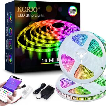 KORJO Dream Color LED Strip Lights, 32.8ft/10M Bluetooth LED Chasing Light with APP, 12V 300 LEDs 5050 RGB Color Changing Rope Light Kit, Flexible Led Strip Lighting for Home...