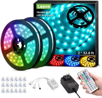 Lepro 65.6ft LED Strip Lights, Ultra-Long RGB 5050 LED Strips with Remote Controller and Fixing Clips, Color Changing Tape Light with 12V ETL Listed Adapter for Bedroom, Room,...