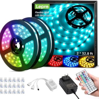 Lepro 65.6ft LED Strip Lights, Ultra-Long RGB 5050 LED Strips with Remote Controller and Fixing Clips, Color Changing Tape Light with 12V ETL Listed Adapter for Bedroom, Room,...