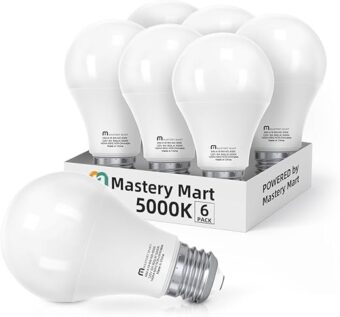 MASTERY MART A19 60-Watt Led Light Bulbs, 5000K Bright Daylight White, 800 Lumens, 6 Pack, E26, Non-Dimmable, CRI 80+ Energy Star, UL Listed, 9W [60W Equivalent]