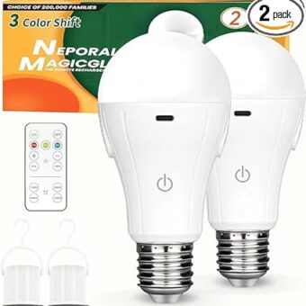 Neporal MagicGlow Rechargeable Light Bulbs with Remote, 3 Hue Shift + Dimmable Battery Powered Light Bulbs, USB Rechargeable, A19 Standard Size Emergency LED Light Bulbs, 15W,...