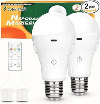 Neporal MagicGlow Rechargeable Light Bulbs with Remote, 3 Hue Shift + Dimmable Battery Powered Light Bulbs, USB Rechargeable, A19 Standard Size Emergency LED Light Bulbs, 15W,...