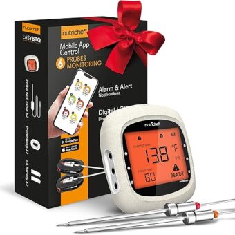 NutriChef Bluetooth Meat Thermometer for Grilling and Smoking, up to 6 Temperature Probes and Smart APP, 400 Ft Range, LCD