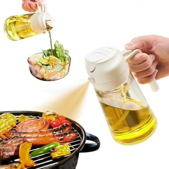 Oil Sprayer for Cooking, 2 in 1 Olive Oil Dispenser Bottle for Kitchen, 16oz/470ml Premium Glass Oil Bottle, Food-grade Oil Mister for Air Fryer, Salad, Frying, BBQ (Creamy White)