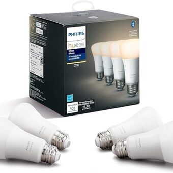 Philips Hue Smart 60W A19 LED Bulb - Soft Warm White Light - 4 Pack - 800LM - E26 - Indoor - Control with Hue App - Works with Alexa, Google Assistant and Apple Homekit