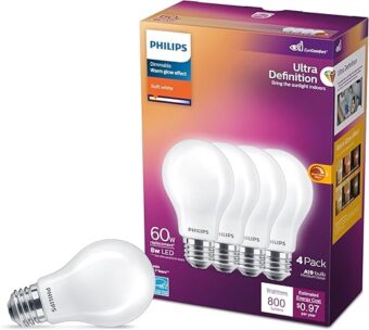 Philips LED A19 Ultra Definition Frosted Dimmable LED Light Bulbs - Flicker-Free 60w Light Bulbs with EyeComfort Technology - Soft White 2700K Lightbulb - 800 Lumen - E26 Base -...