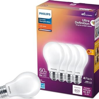 Philips LED A19 Ultra Definition Frosted Dimmable LED Light Bulbs - Flicker-Free 60w Light Bulbs with EyeComfort Technology - Soft White 2700K Lightbulb - 800 Lumen - E26 Base -...