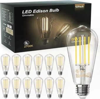 TJOY 12 Pack Vintage 8W ST58 LED Edison Light Bulbs 60W Equivalent, 800Lumens, 2700K Warm White, Dimmable, E26 Base LED Filament Bulbs, CRI80+, Antique Glass Style for Home,...