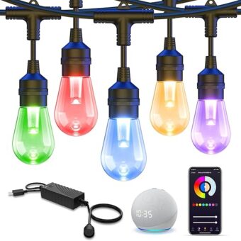 XMCOSY+ 98Ft Smart RGB LED Patio Lights, App & WiFi Control, Works with Alexa, Color Changing Outdoor Lights with 30 Dimmable LED Bulbs, IP65 Waterproof